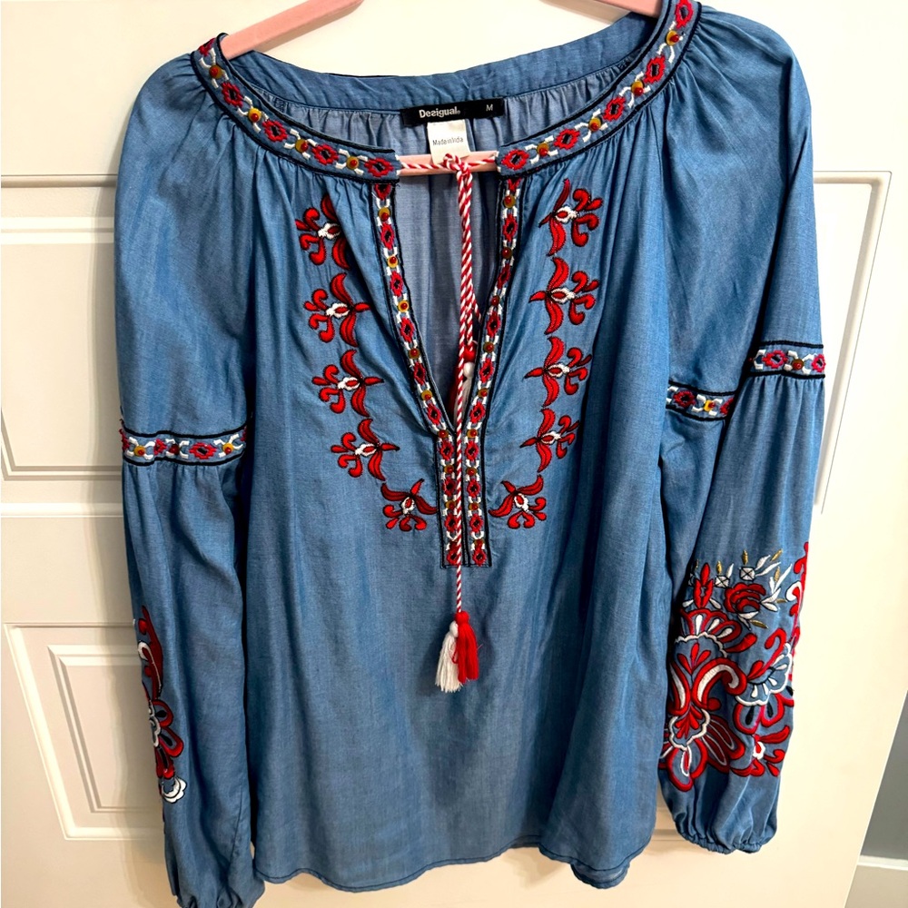 Desigual Blue Embellished Long Sleeve Blouse